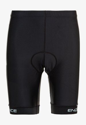 Pantalones cortos de ciclismo negros con un diseño ajustado, que cuentan con un área de asiento acolchada, una cintura elástica y el nombre de la marca "ENDURANCE" en azul claro en el dobladillo.