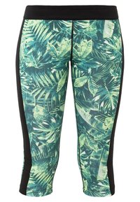 Leggings capri con estampado tropical que presentan un diseño de hojas verdes, paneles laterales negros y una cinturilla ancha negra para mayor comodidad.