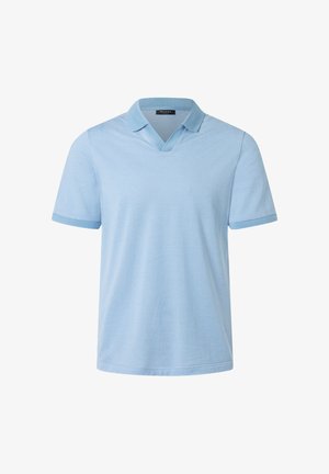Lichtblauw herenpoloshirt met korte mouwen, voorzien van een subtiel horizontaal streeppatroon en een V-hals kraag.