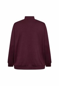 Sudadera burdeos con cuello alto, mangas largas y puños y dobladillo de canalé. Textura suave y corte casual y relajado.