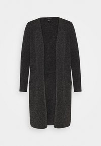 Lång, öppen cardigan i mörkgrått, tillverkad i texturerad tyg. Med långa ärmar och två fickor framtill.
