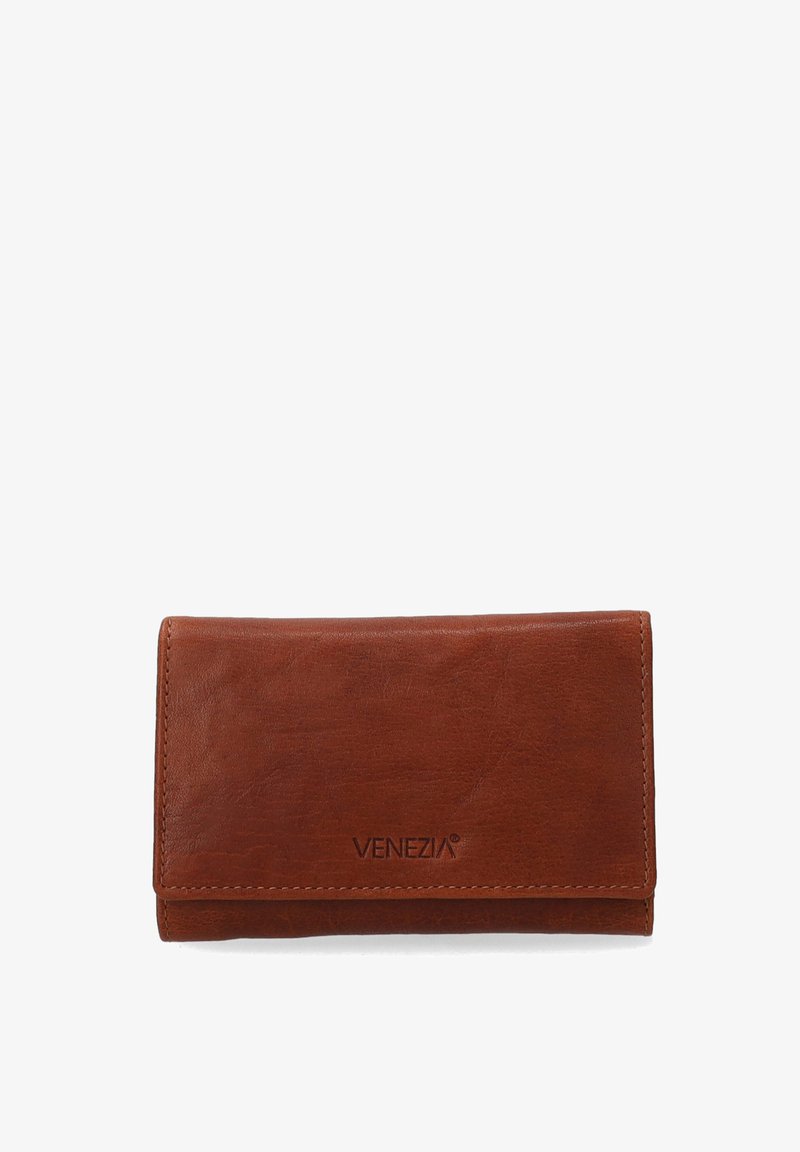Portefeuille en cuir marron avec une texture lisse, de forme rectangulaire, et logo "VENEZIA" en relief à l'avant. Dispose d'un design classique à rabat.
