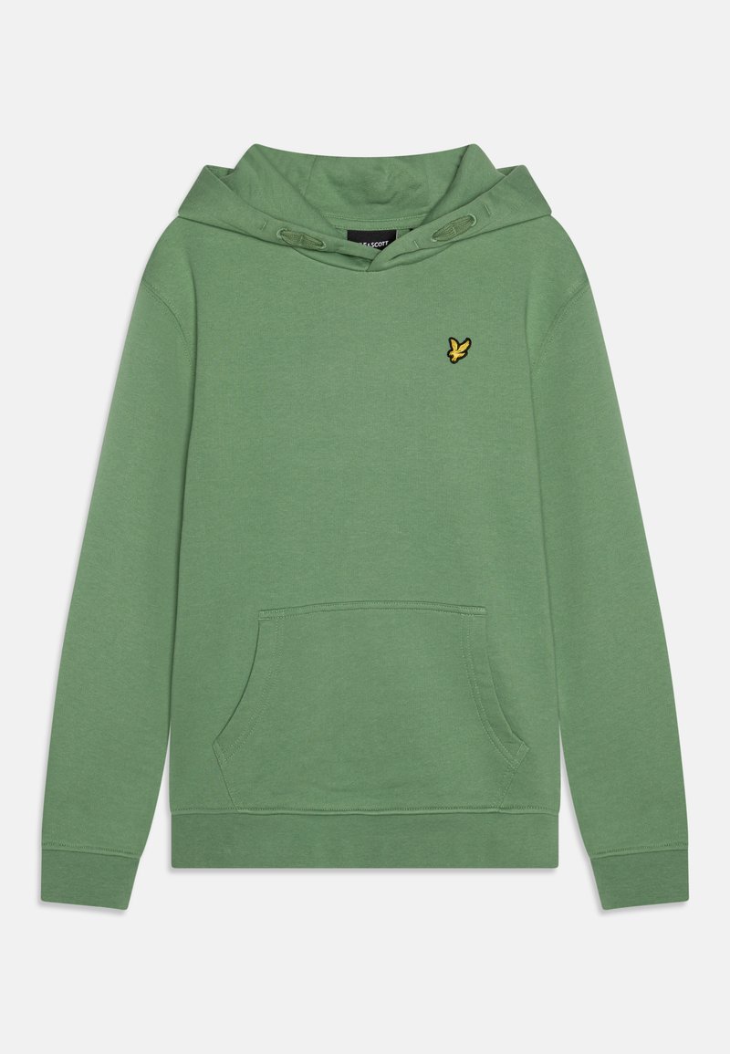 Felpa verde in cotone con tasca frontale, cappuccio con lacci e logo ricamato giallo sul petto. Tessuto liscio e vestibilità casual.