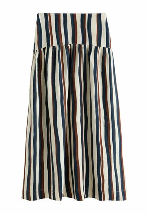 Midirock mit vertikalen Streifen in Marineblau, Braun und Creme, mit einem gerafften Saum unter einem breiten Bund.