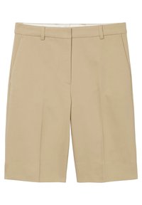 Béžové šortky s upraveným střihem, s plochým předním dílem, bočními kapsami a hladkým textilním povrchem. Délka dosahuje ke kolenům.
