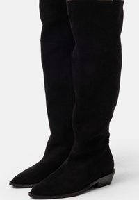 Cizme negre din suede, până la genunchi, cu vârful ascuțit și tocuri joase, pe un fundal alb.