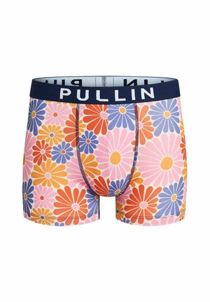Boxers pour hommes avec un grand motif floral multicolore en rose, orange, jaune et bleu, et une ceinture bleu foncé avec un texte blanc "PULLIN".