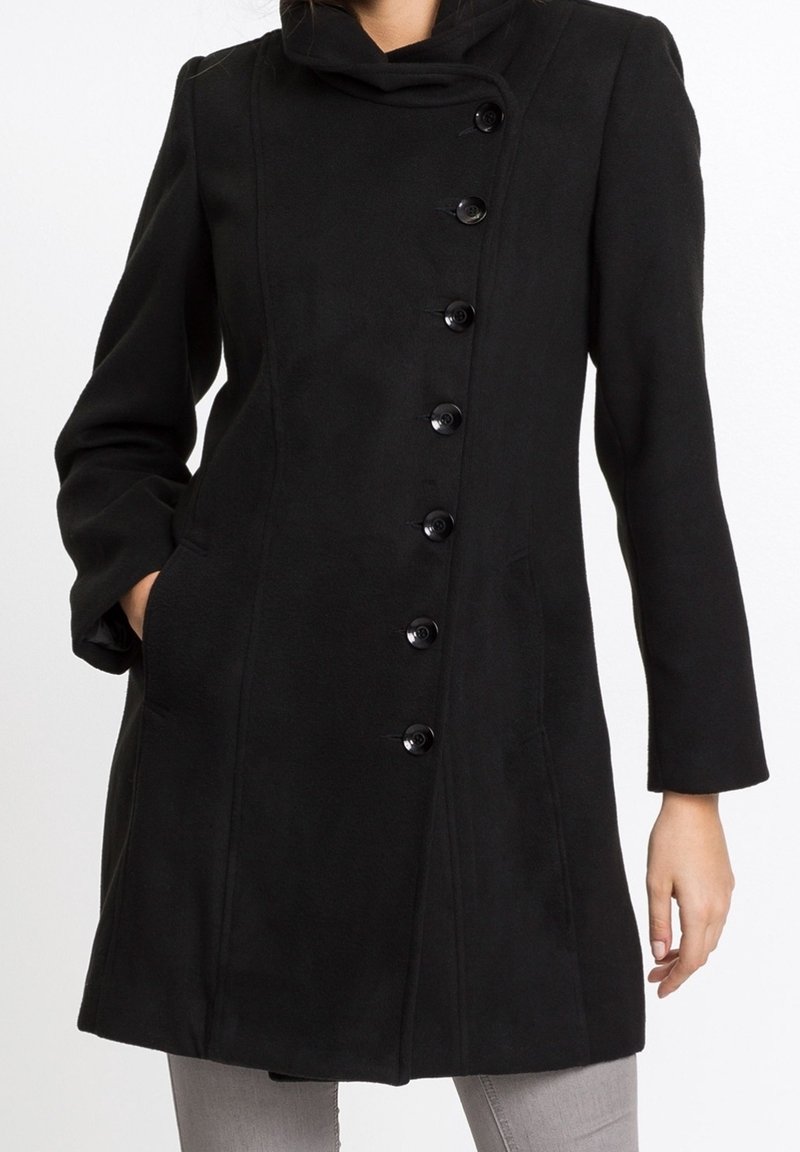 Svart ullkappa med hög krage, sju knappar framtill och två sidofickor. Slät textur med skräddarsydd silhuett.
