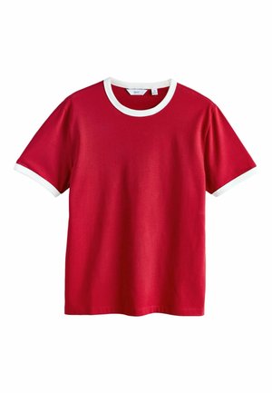 Rotes T-Shirt mit kurzen Ärmeln, weißem Kragen und Ärmelbündchen, mittlere Größe, aus Baumwollstoff.