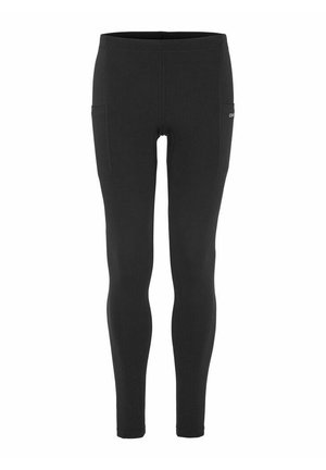 Leggings noirs en tissu extensible, présentant une texture lisse, une coupe ajustée, une taille haute et deux poches latérales.