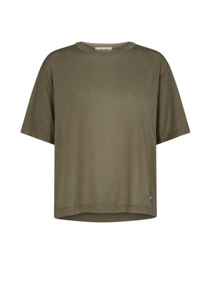 Camiseta de manga corta oversized en verde oliva con cuello redondo y bajo recto.