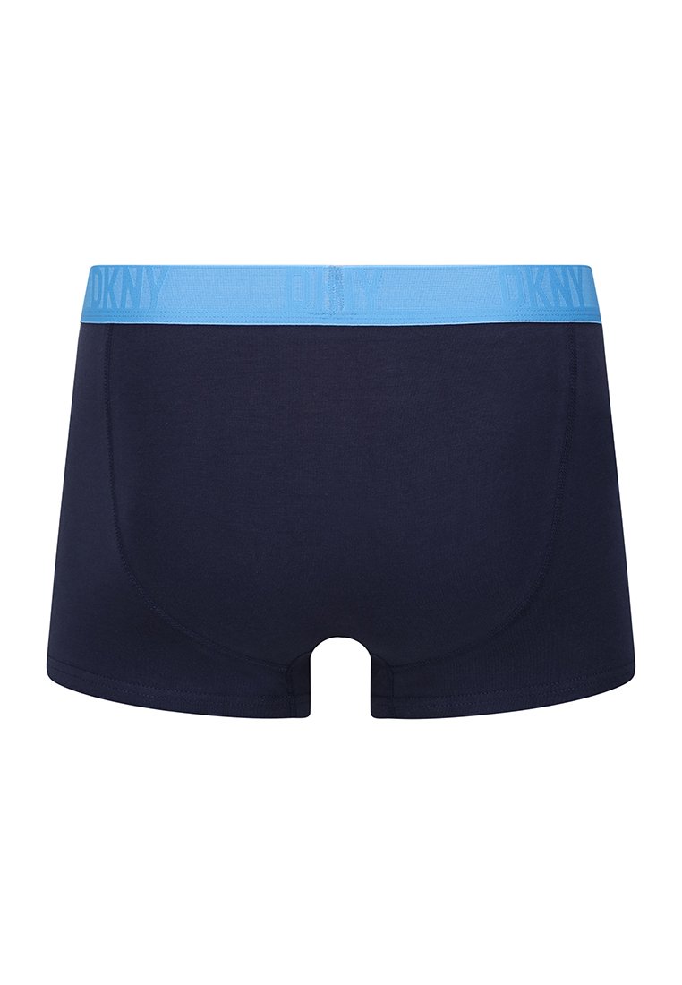 Granatowe slipy wykonane z miękkiego materiału, z jasnoniebieską elastyczną gumką w pasie, na której znajduje się wytłoczone logo. Prosty, bezszwowy design.