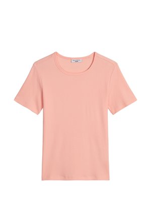 Schlichtes hellrosafarbenes T-Shirt mit kurzen Ärmeln und Rundhalsausschnitt, mit einem kleinen Stoffetikett am hinteren Halsausschnitt.