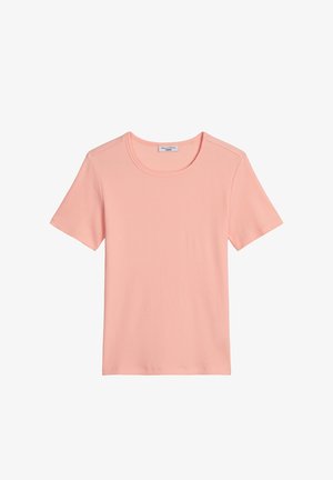 Effen lichtroze T-shirt met korte mouwen en ronde hals, voorzien van een klein stoffen label aan de achterkant van de halslijn.