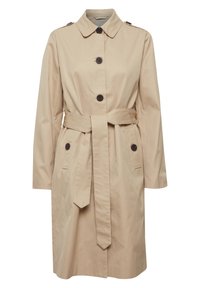 Beiger Trenchcoat aus glattem Stoff mit einer Knopfleiste, einem Gürtel in der Taille und zwei seitlichen Taschen. Klassischer Kragen und lange Ärmel.
