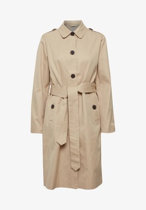 Beige trenchcoat lavet af glat stof, med knaplukning foran, bælte ved taljen og to sidelommer. Klassisk krave og lange ærmer.