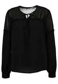 Schwarze, langärmelige Bluse mit transparenten gepunkteten Ärmeln, rundem Ausschnitt und Spitzendetails. Glatter Stoff, lockere Passform und dezente Verzierungen.