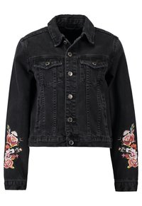 Black denim jacket with a cropped design, featuring silver buttons, two chest pockets, and colorful floral embroidery on the left sleeve.