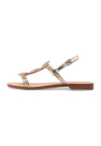 Sandali piatti con finitura dorata metallica, con un design di cinghia decorativa e una fibbia regolabile sulla caviglia. Soletta morbida e tacco basso.