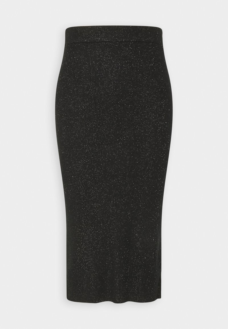 Svart midiklänning med en smidig passform, tillverkad i ett texturerat stretchmaterial med subtila metalliska glansinslag och en sidoöppning.
