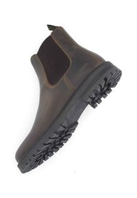 Bottine Chelsea en cuir marron avec des panneaux latéraux élastiques, semelle en caoutchouc, semelle texturée et tirette au talon.