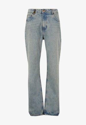 Helekassinised kõrge vöökohaga sirged teksapüksid ees nööpide, tõmbluku, vööaasa ja viie taskuga.