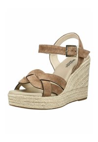 Sandale compensée en daim marron avec plateforme en jute tressé, bride de cheville ajustable avec boucle dorée, et design à bout ouvert.