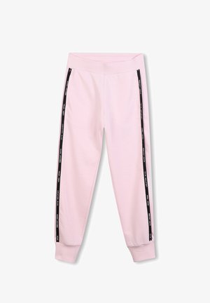 Lichtroze sweatpants met een geribde tailleband en zwarte zijkanten met witte tekst. Gemaakt van zacht, rekbaar materiaal.