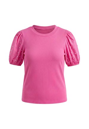 Roze top met korte mouwen met geribd stoflichaam en opgeblazen mouwen versierd met kleine witte parels.