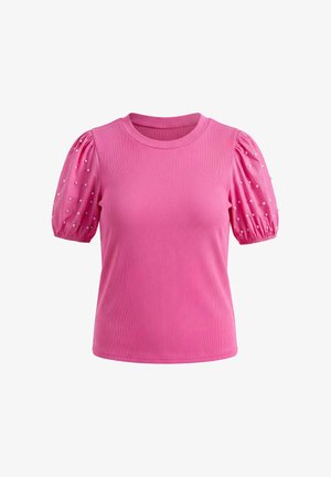 Rózsaszín rövid ujjú felső bordázott anyagból készült testtel és puffos ujjakkal, melyeket apró fehér gyöngyök díszítenek.