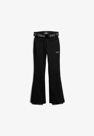 Schwarze Outdoorhose mit weißen Seitenstreifen, Reißverschlusstaschen an der Vorderseite, elastischem Marken-Gürtel und Logo-Patch am rechten Oberschenkel.