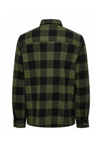 Groen en zwart geruit flanellen shirt met lange mouwen, een kraag en knoopmanchetten. De achterkant toont een duidelijk ruitpatroon.