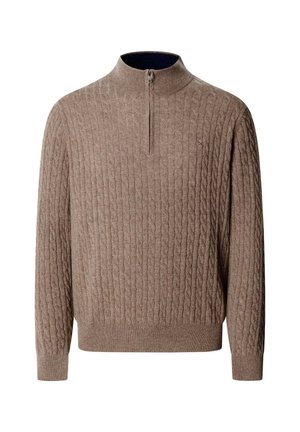 Bežani pleteni džemper s polu-zip ovratnikom, s teksturom kabelnog pletenja. Dugi rukavi i kontrastni tamni unutarnji ovratnik.