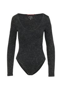 Schwarzer Langarm-Body mit rundem Ausschnitt, gerippter Textur und verblasstem Finish. Hat eine enganliegende Passform mit einem Tanga-Stil an der Unterseite.
