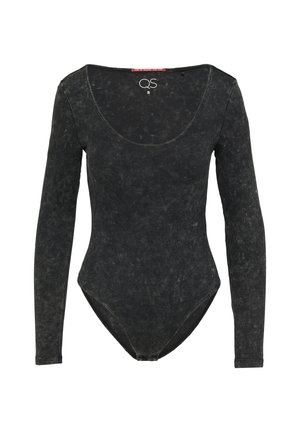 Schwarzer Langarm-Body mit rundem Ausschnitt, gerippter Textur und verblasstem Finish. Hat eine enganliegende Passform mit einem Tanga-Stil an der Unterseite.