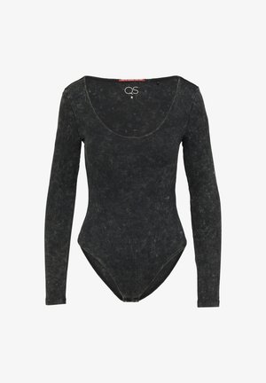 Czarny bodysuit z długim rękawem, o głębokim dekolcie, prążkowanej fakturze i wyblakłym wykończeniu. Charakteryzuje się dopasowanym krojem i stringowym dołem.
