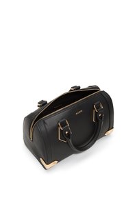 Black leather handbag with gold hardware accents, zip closure, dual short handles, and a textured finish. Square shape with corner protective feet.