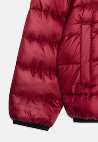 Manga de chaqueta acolchada roja hecha de material brillante, con puño negro acanalado y detalle de bolsillo con tapa. Textura suave con forma redondeada.