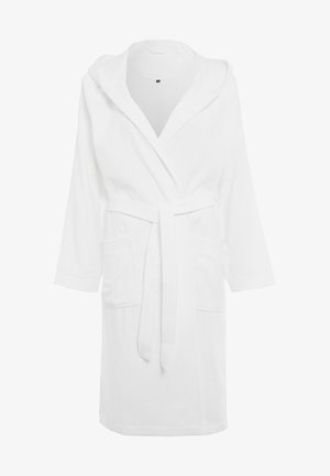 Bílý bavlněný koupací plášť s kapucí, dlouhými rukávy, páskem v pase a dvěma předními kapsami. Měkká textura a uvolněný střih.