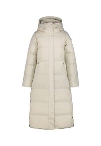 Lange, beige pufferjas met een capuchon, met een gestikt ontwerp, een rits aan de voorkant en drukknoopaccenten. Bevat twee zijzakken.