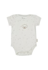 Weißer Baby-Body mit kurzen Ärmeln, grauen Pfotenabdrücken und einer einfachen braunen Hundegesicht-Illustration, die auf der Brust zentriert ist.