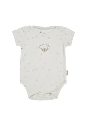 Weißer Baby-Body mit kurzen Ärmeln, grauen Pfotenabdrücken und einer einfachen braunen Hundegesicht-Illustration, die auf der Brust zentriert ist.