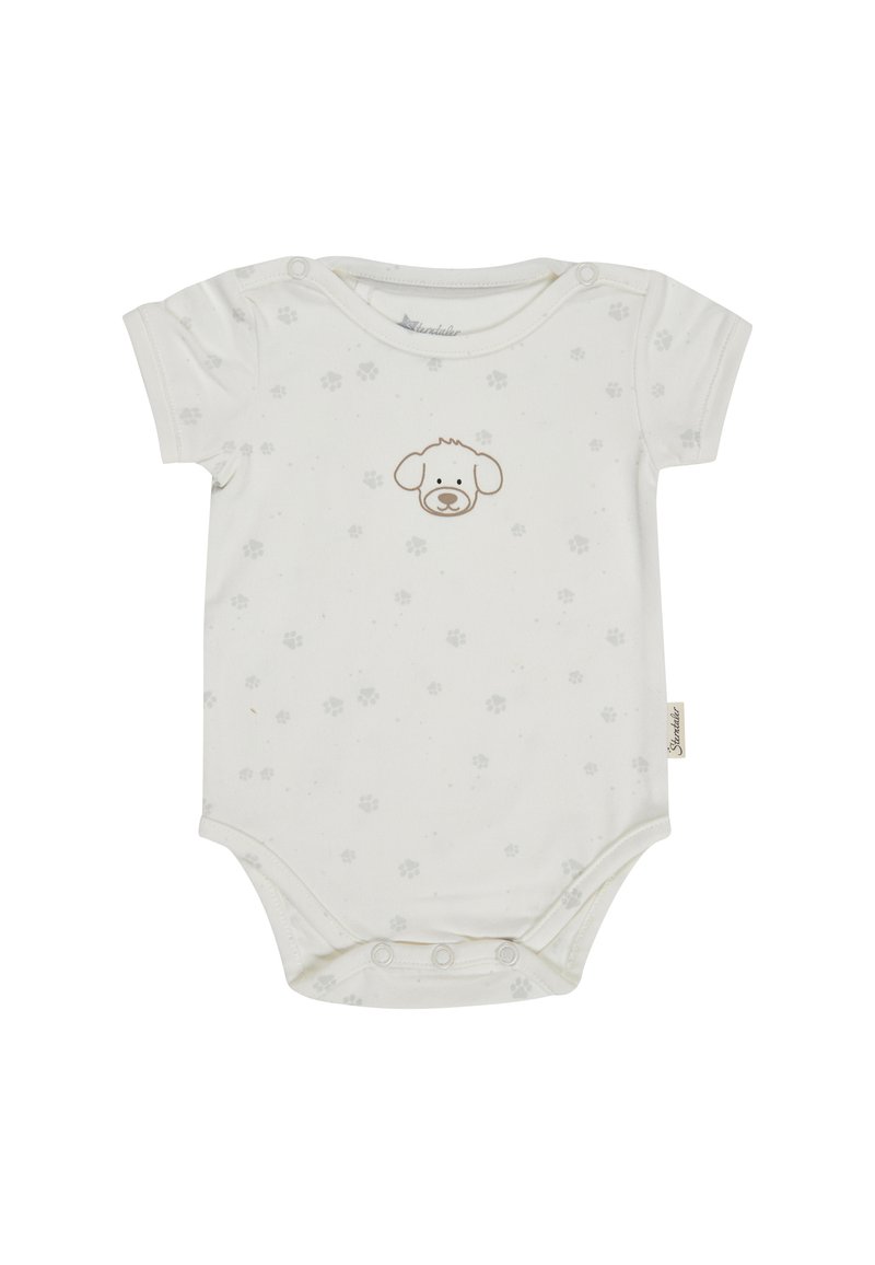 Weißer Baby-Body mit kurzen Ärmeln, grauen Pfotenabdrücken und einer einfachen braunen Hundegesicht-Illustration, die auf der Brust zentriert ist.