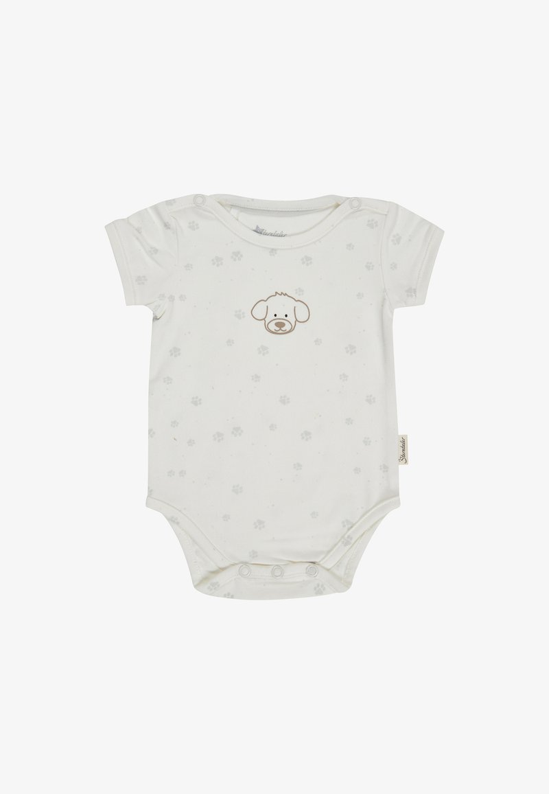 Weißer Baby-Body mit kurzen Ärmeln, grauen Pfotenabdrücken und einer einfachen braunen Hundegesicht-Illustration, die auf der Brust zentriert ist.