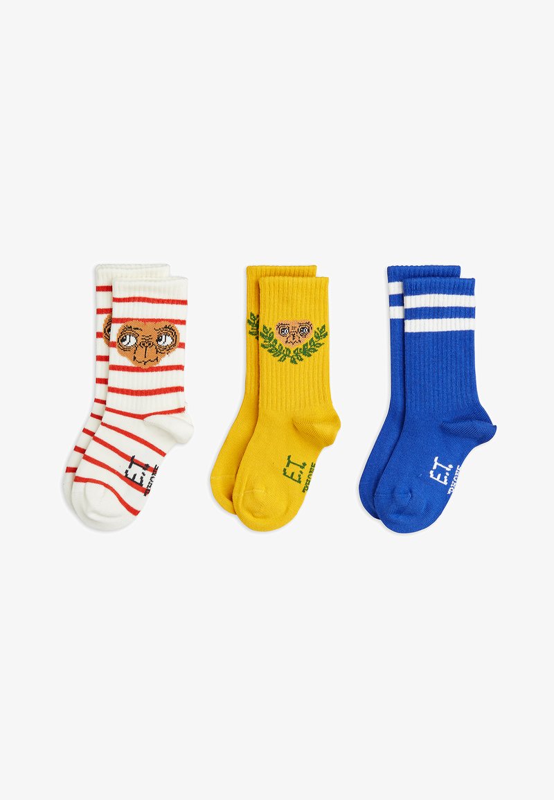 Three pairs of socks: white with red stripes and E.T. design; yellow with E.T. face and green accents; solid blue with white stripes.