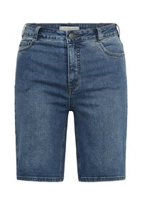 Bermudas en denim bleu moyen avec fermeture avant par bouton et zip, passants pour ceinture et poches avant, présentés sur un fond blanc.
