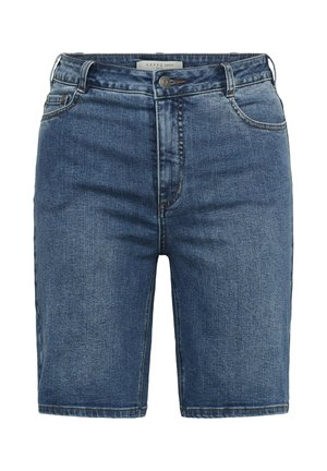 Mellemblå denim Bermuda-shorts med knap- og lynlås foran, bæltestropper og forlommer, vist på en hvid baggrund.