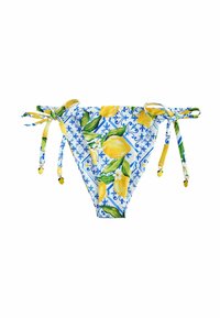 Bikini broekje met een levendig citroenpatroon op een blauw-witte bloemenachtergrond. Heeft strikdetails aan de zijkanten en gouden accenten.