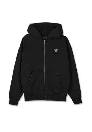 Czarna bluza z kapturem na zamek błyskawiczny, z dużym kapturem, przednimi kieszeniami, ściągaczami przy rękawach oraz małym bia�łym logo na lewej piersi. Wykonana z miękkiego materiału bawełnianego.
