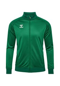 Groene zip-up jacket van glad, glanzend materiaal. Beschikt over een hoge kraag, lange mouwen, zijzakken en een merklogo op de borst.